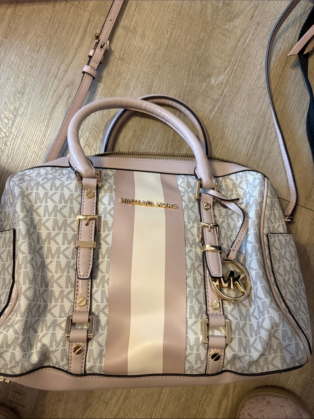 Michael Kors Pink and Cream Signature Stripe Satchel